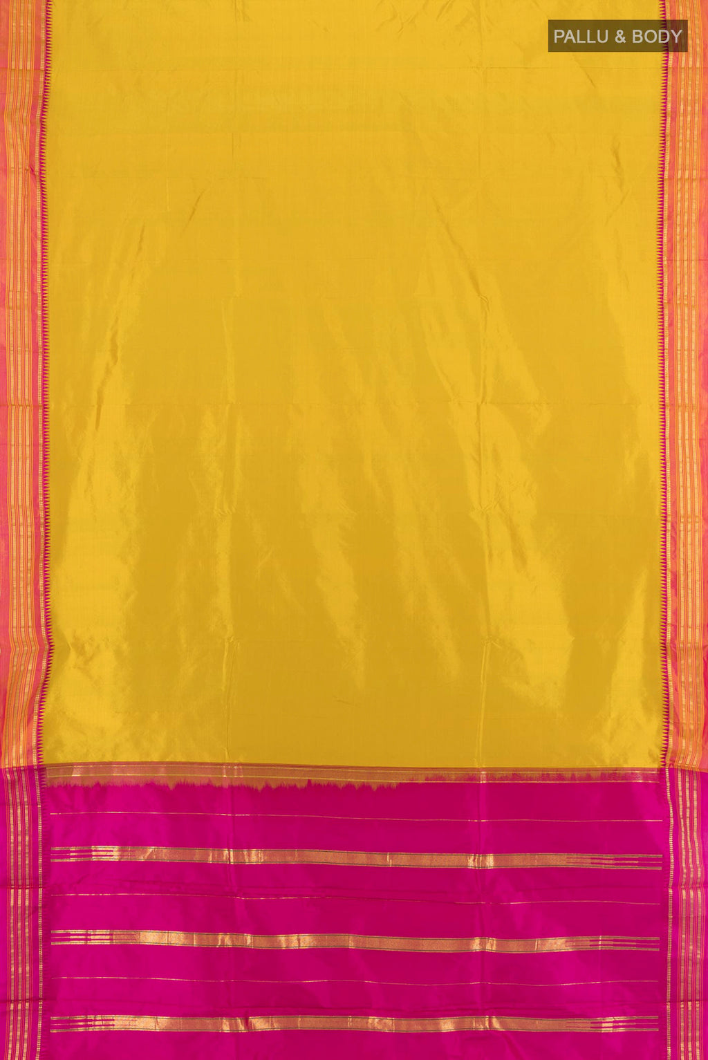 Flat view of Yellow Narayanpet Silk Saree with Plain Body and Zari Border. 