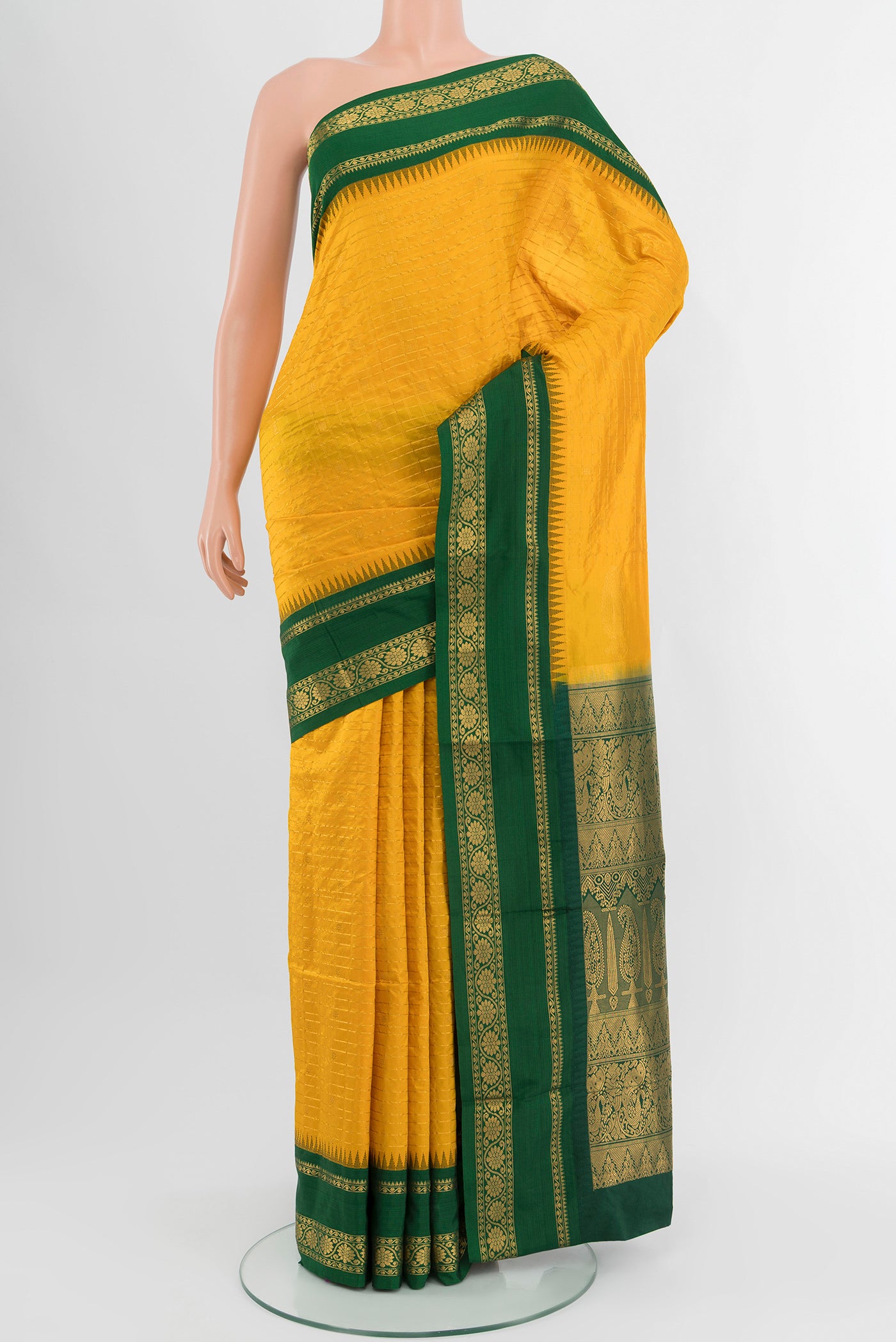 Yellow Narayanpet Silk Saree with Checked design on the body and Zari Border.  displayed on a mannequin