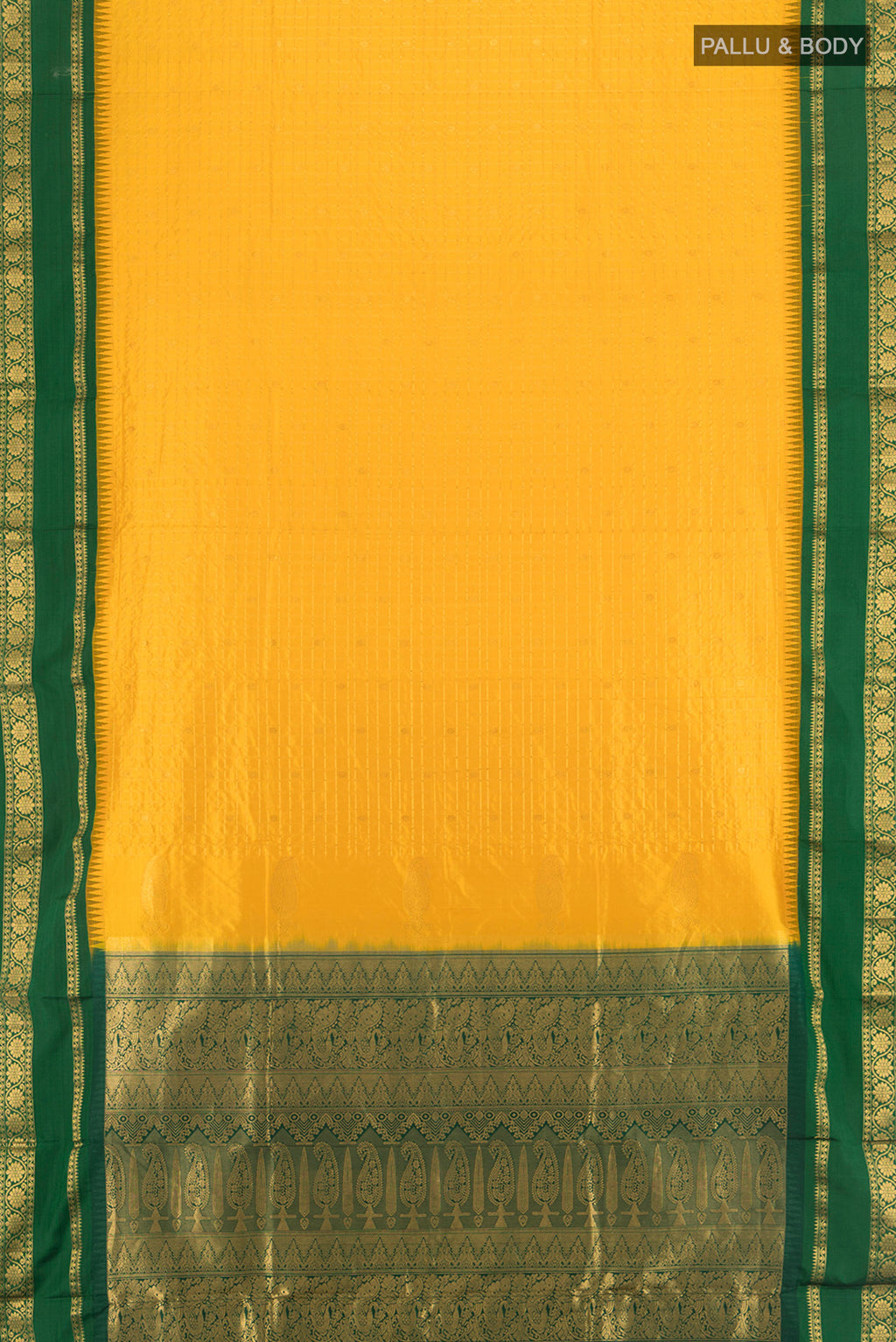 Flat view of Yellow Narayanpet Silk Saree with Checked design on the body and Zari Border. 