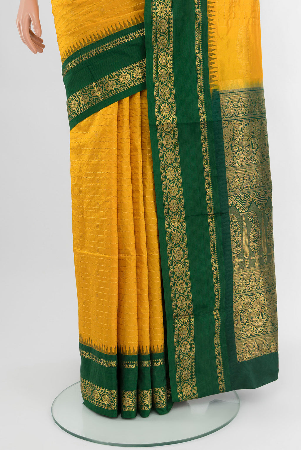 Pleats and pallu of Yellow Narayanpet Silk Saree with Checked design on the body and Zari Border. 