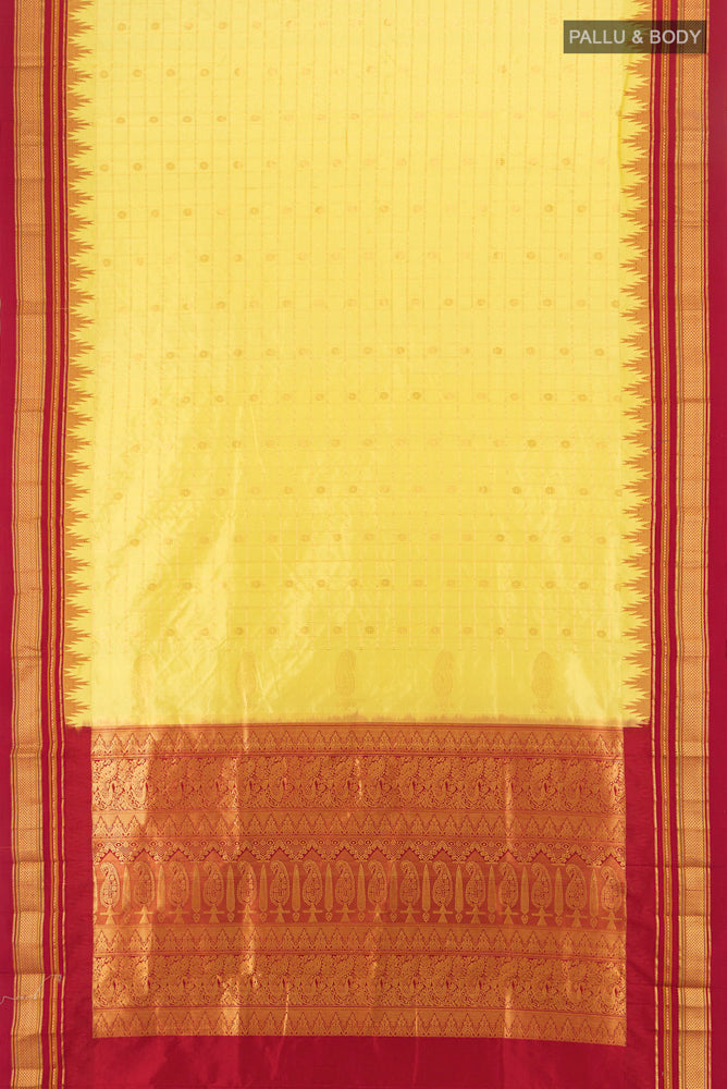 Flat view of Light Green Narayanpet Silk Saree with Zari Butta on the body and Silk Border. 