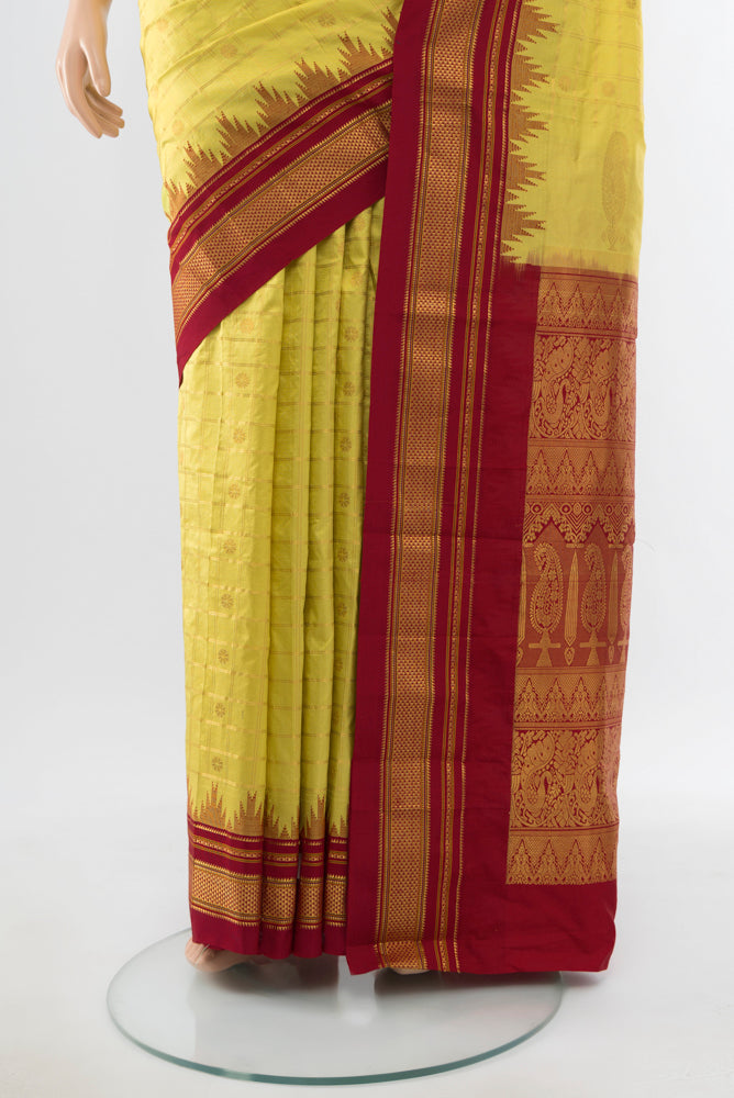 Pleats and pallu of Light Green Narayanpet Silk Saree with Zari Butta on the body and Silk Border. 