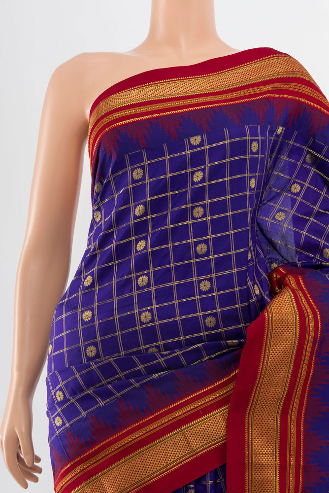 Border image of Dark Blue Narayanpet Silk Saree with Zari Butta on the body and Silk Border. 