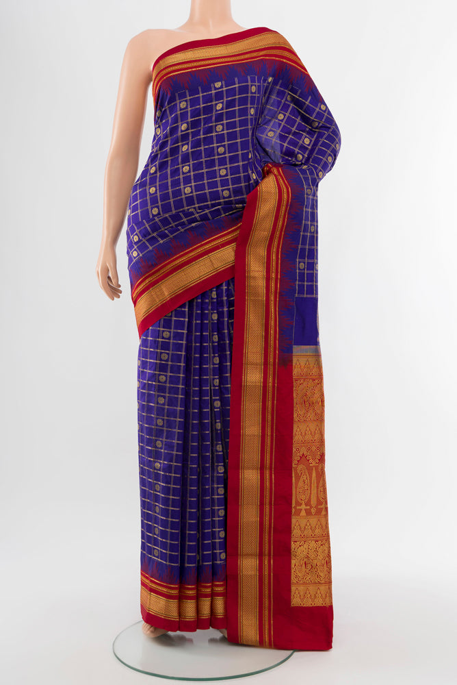 Dark Blue Narayanpet Silk Saree with Zari Butta on the body and Silk Border.  displayed on a mannequin
