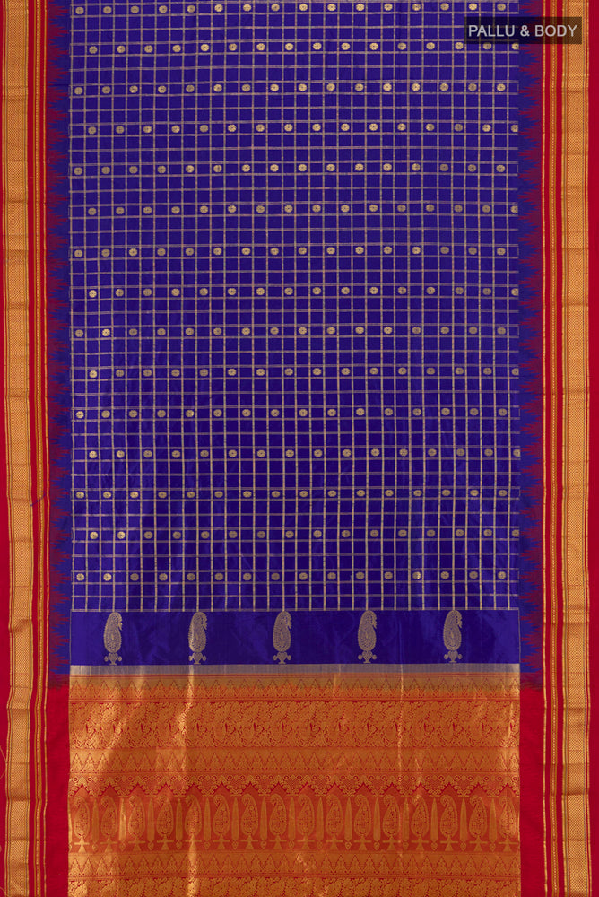 Flat view of Dark Blue Narayanpet Silk Saree with Zari Butta on the body and Silk Border. 