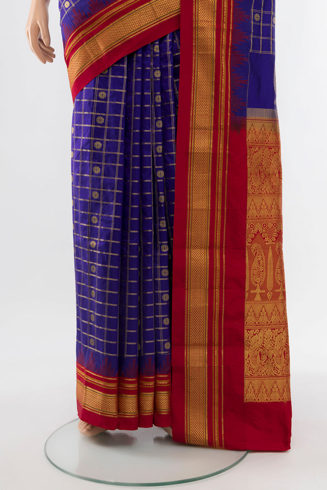 Pleats and pallu of Dark Blue Narayanpet Silk Saree with Zari Butta on the body and Silk Border. 