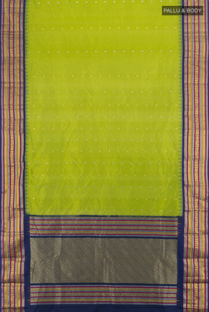 Flat view of Pure Silk Pure Zari Light Green Bangalore - kadyal Saree with Zari Butta on the body and Silk Border. 