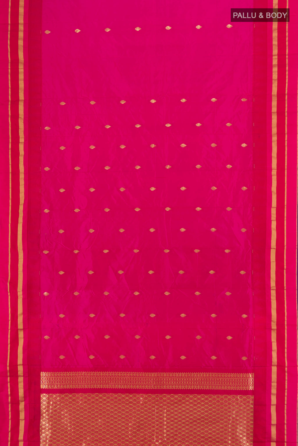 Flat view of Rani Pink Bangalore Silk Saree with Zari Butta on the body and Silk Border. 
