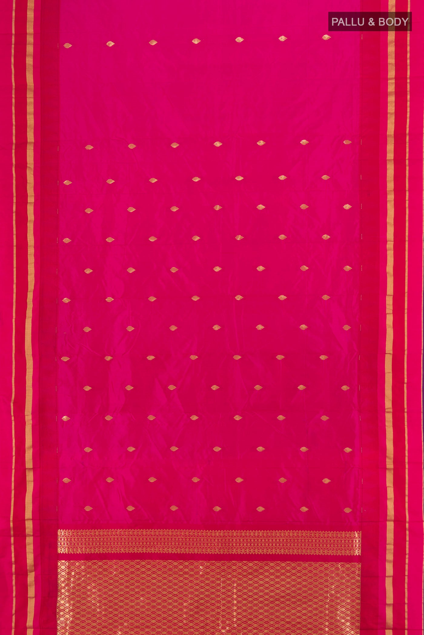 Flat view of Rani Pink Bangalore Silk Saree with Zari Butta on the body and Silk Border. 