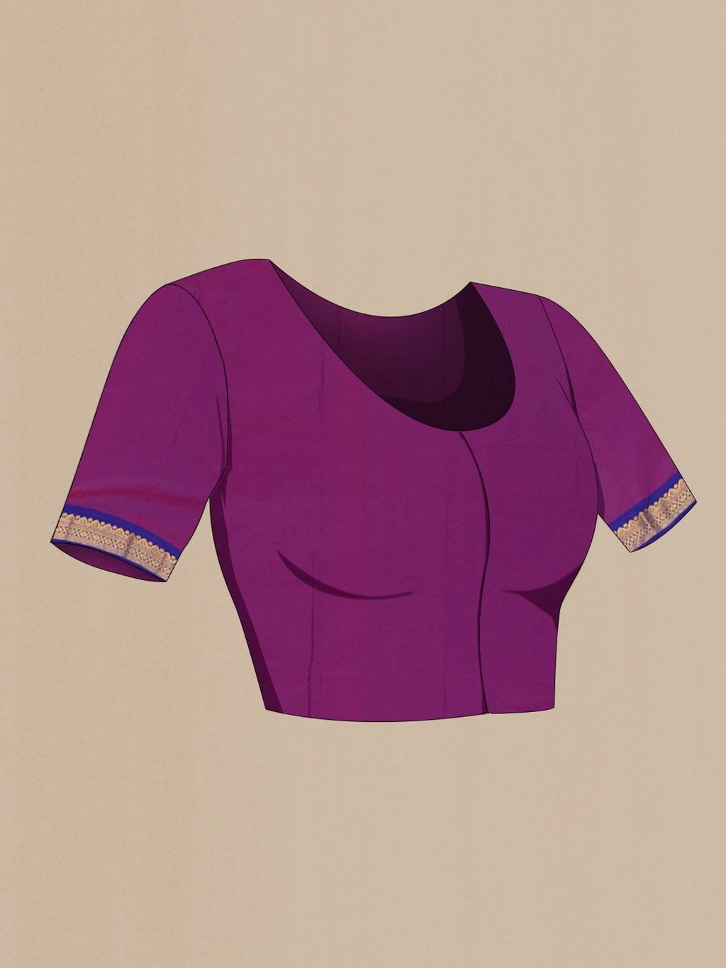 Close up image of the blouse of Maroon Blended Bangalore Silk Saree with Zari Butta on the body and Zari Border. 