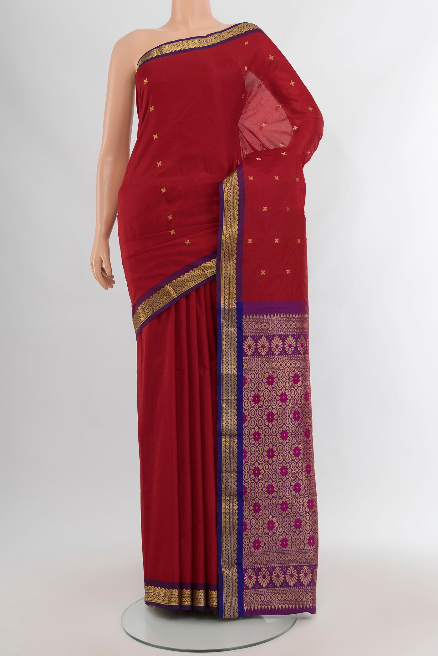 Maroon Blended Bangalore Silk Saree with Zari Butta on the body and Zari Border.  displayed on a mannequin