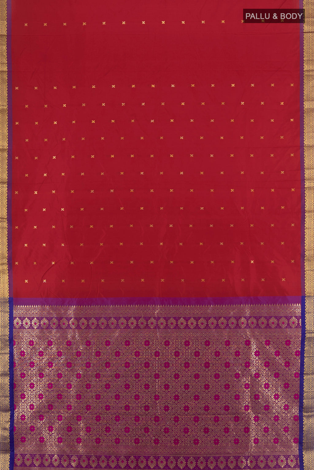 Flat view of Maroon Blended Bangalore Silk Saree with Zari Butta on the body and Zari Border. 