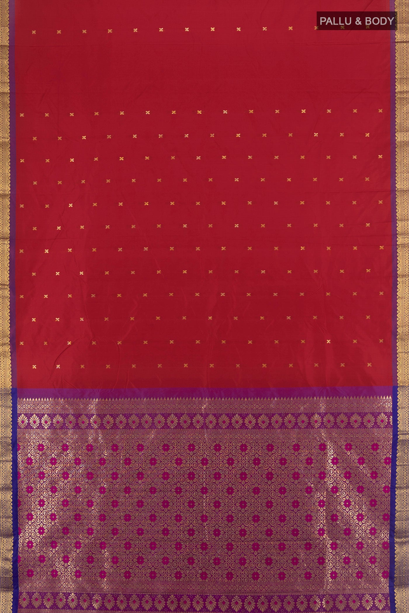 Flat view of Maroon Blended Bangalore Silk Saree with Zari Butta on the body and Zari Border. 