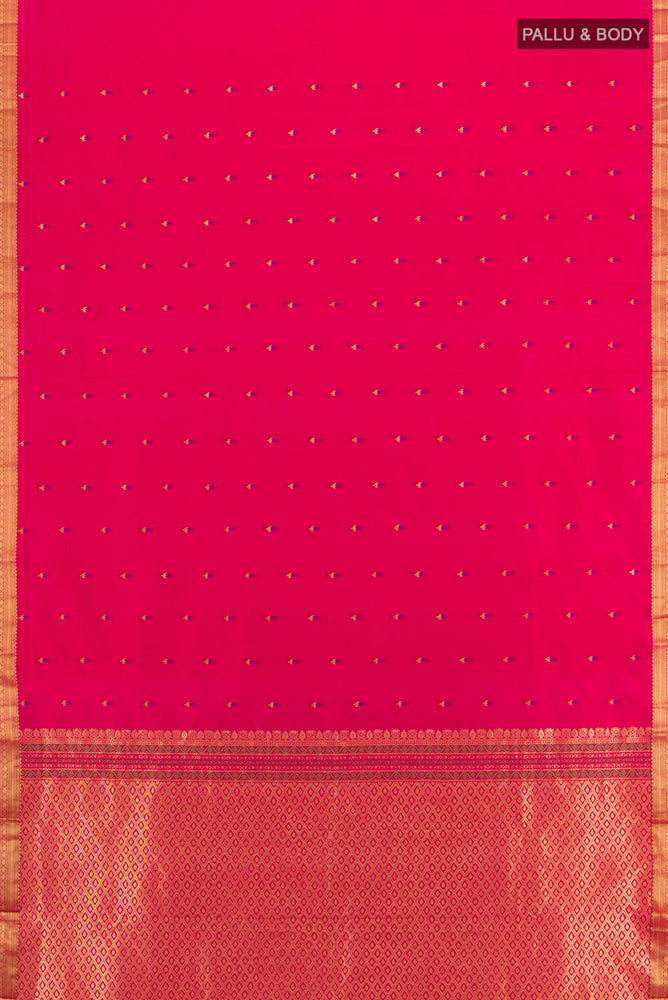 Flat view of Pure Silk Pure Zari Rani Pink Bangalore Saree with Zari Brocade on the body and Silk Border. 