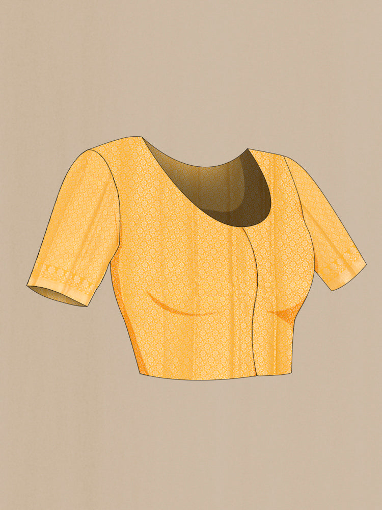 Close up image of the blouse of Yellow Banarasi Katan Silk Saree with Zari Butta on the body and Silk Border. 