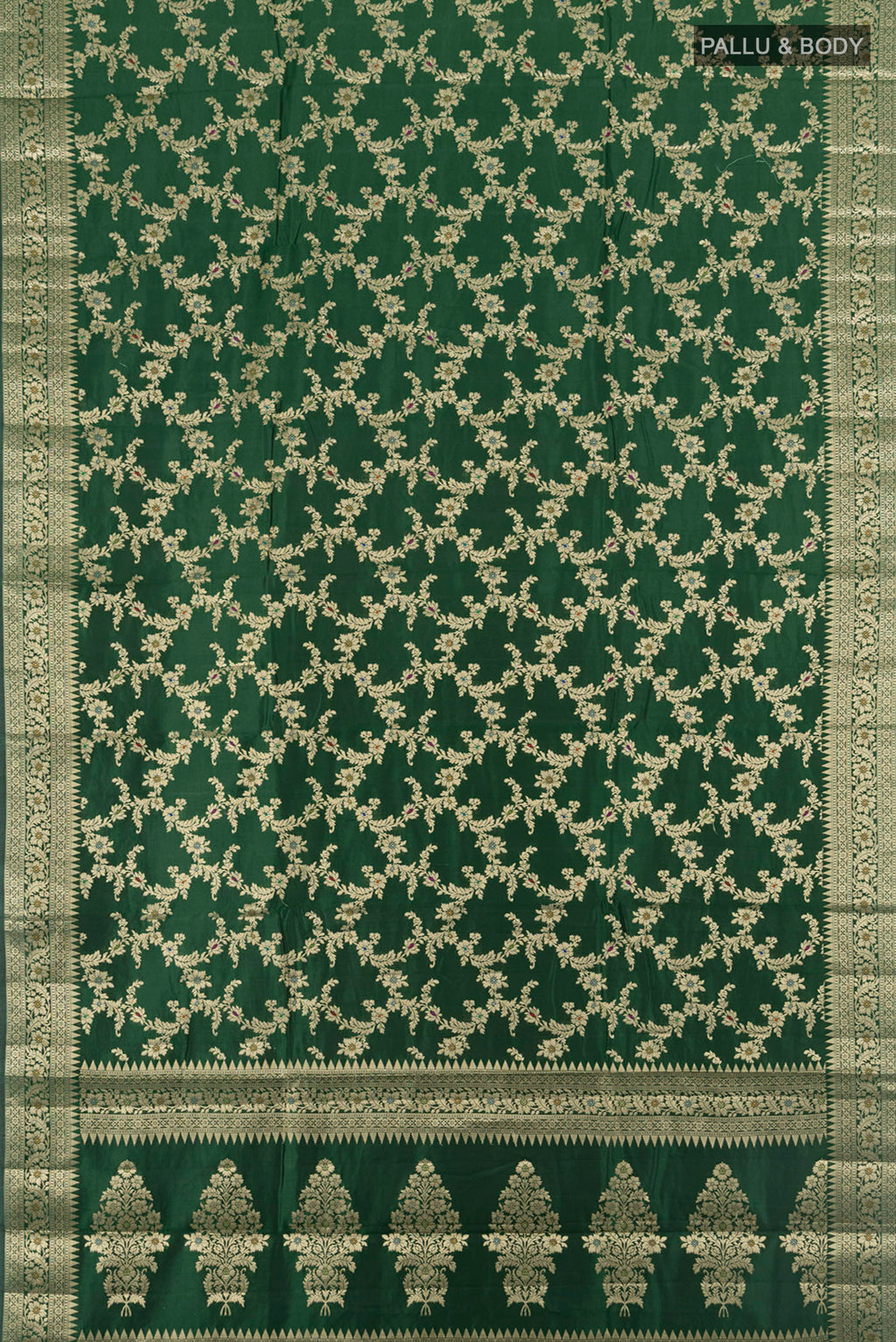 Flat view of Mint Green Banarasi Raw Silk Saree with Zari Butta on the body and Silk Border. 