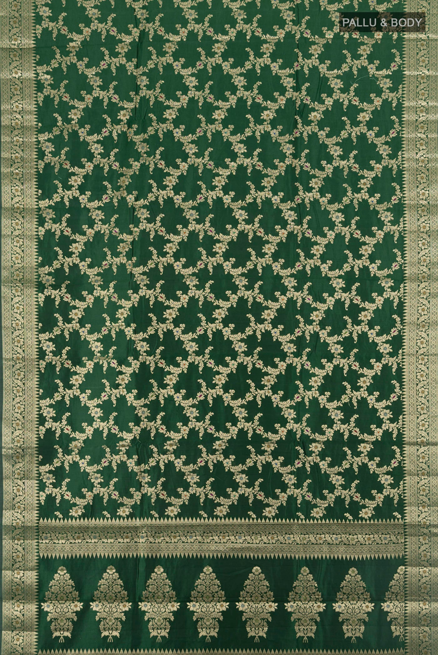 Flat view of Mint Green Banarasi Raw Silk Saree with Zari Butta on the body and Silk Border. 