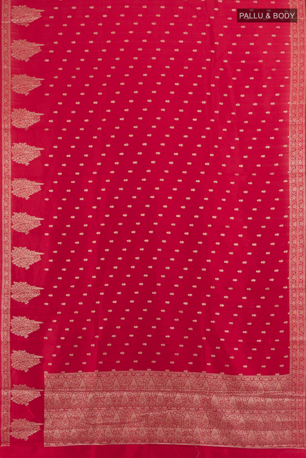 Flat view of Pure Silk Maroon Banarasi Raw Saree with Zari Butta on the body and Silk Border. 