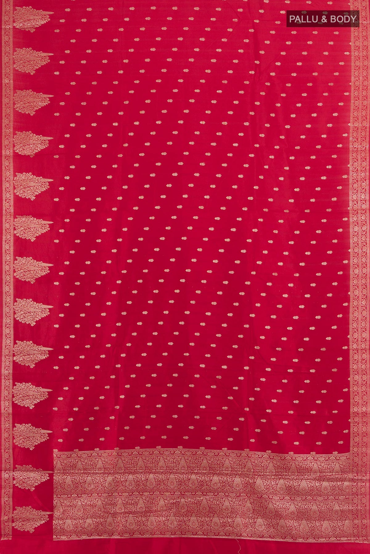 Flat view of Pure Silk Maroon Banarasi Raw Saree with Zari Butta on the body and Silk Border. 