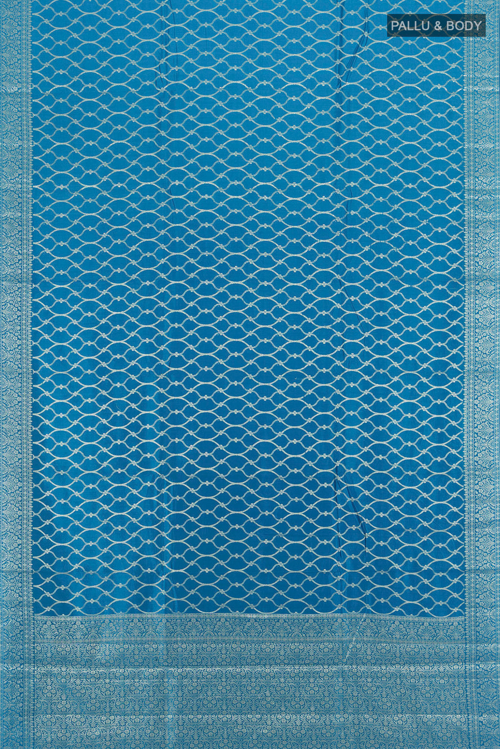Flat view of Dark Blue Banarasi Raw Silk Saree with Zari Butta on the body and Silk Border. 