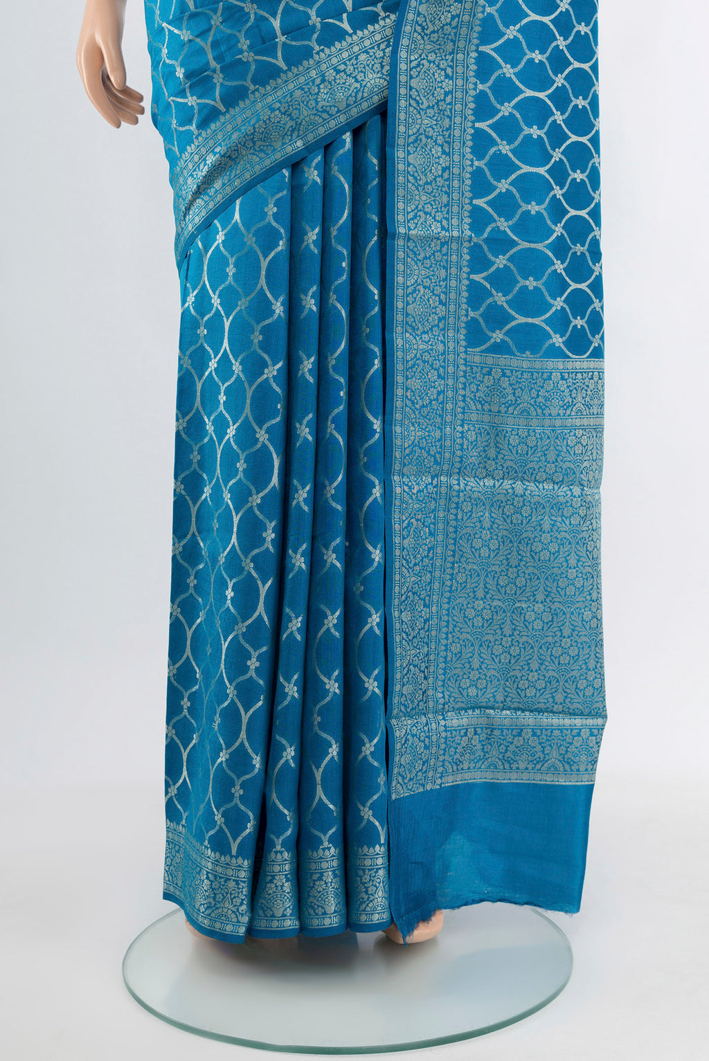 Pleats and pallu of Dark Blue Banarasi Raw Silk Saree with Zari Butta on the body and Silk Border. 