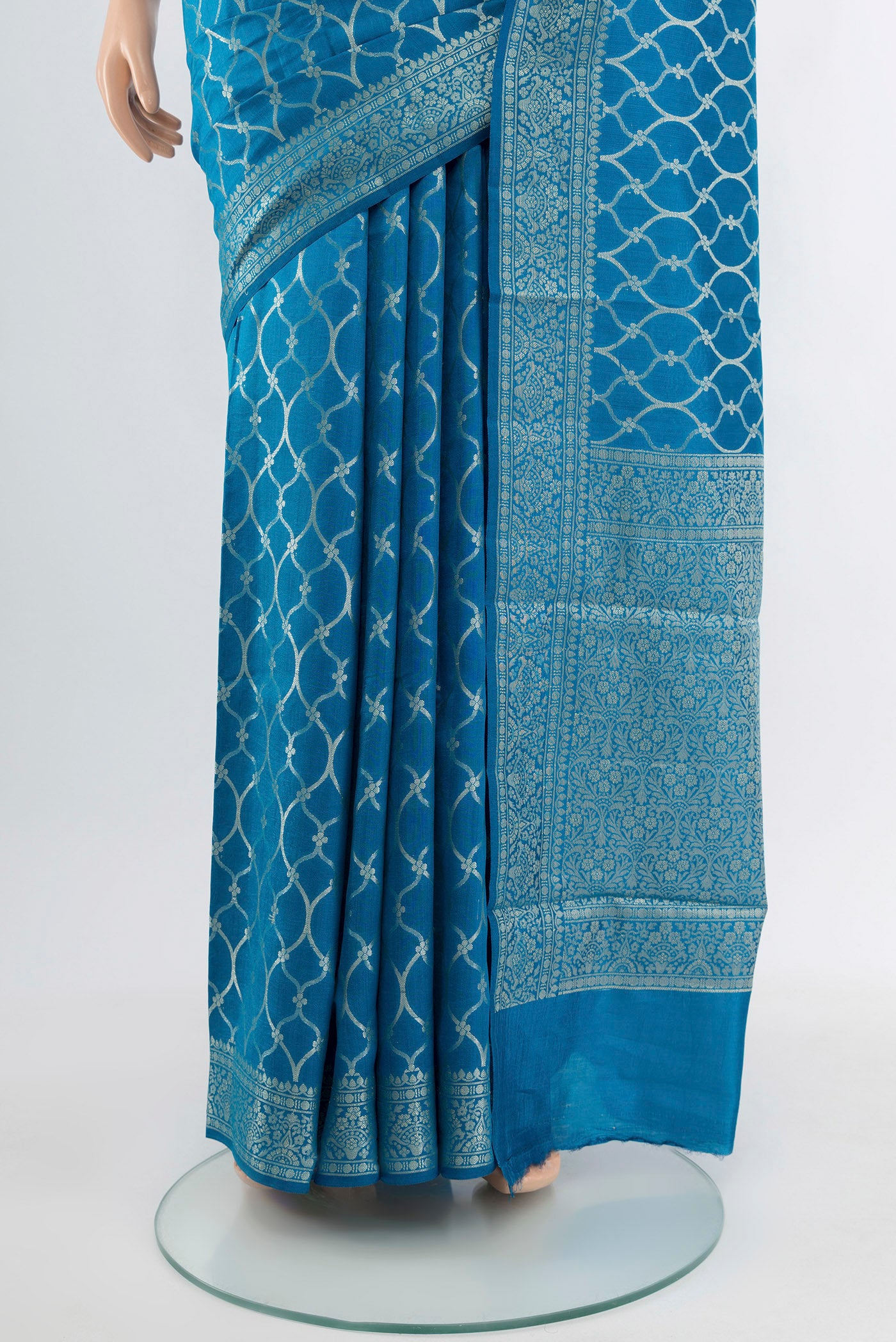 Pleats and pallu of Dark Blue Banarasi Raw Silk Saree with Zari Butta on the body and Silk Border. 
