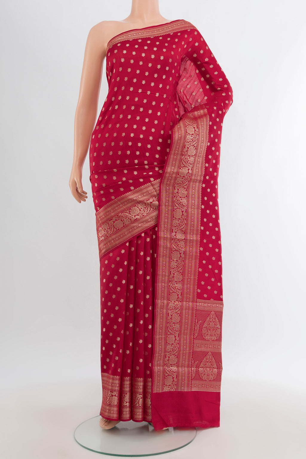Red Banarasi Raw Silk Saree with Zari Butta on the body and Zari Border.  displayed on a mannequin