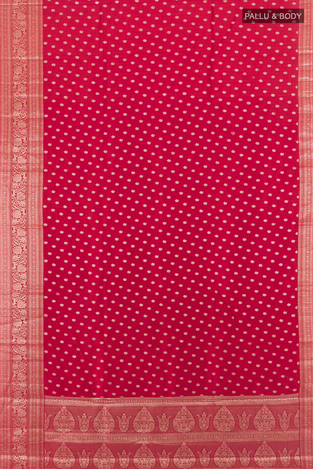 Flat view of Red Banarasi Raw Silk Saree with Zari Butta on the body and Zari Border. 