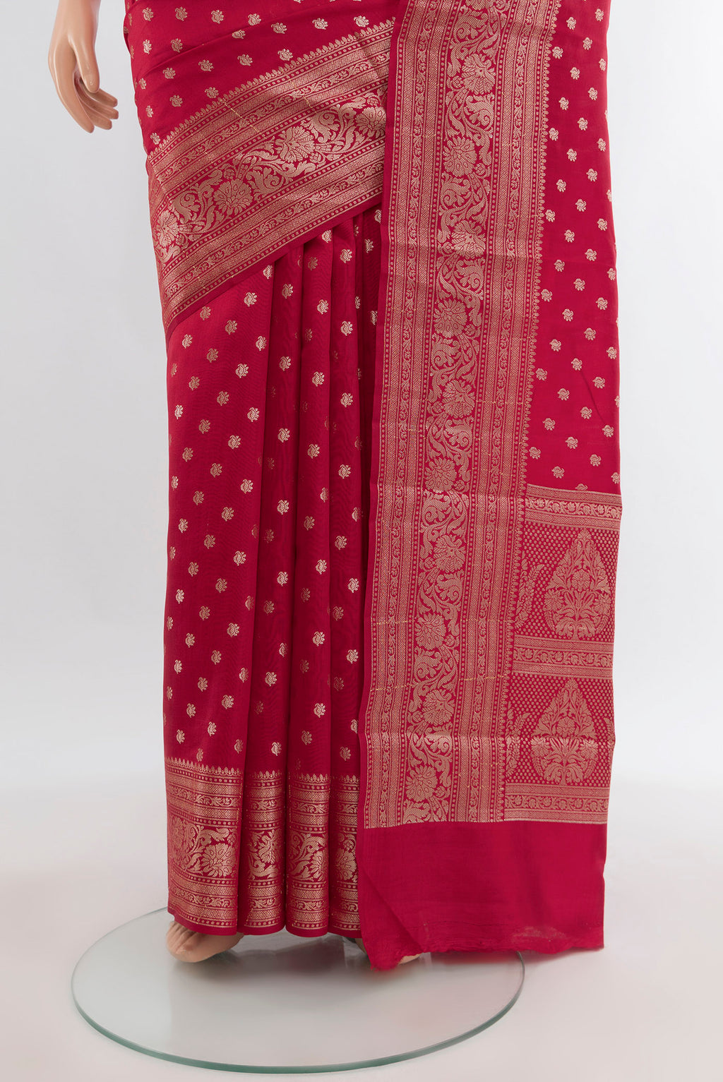 Pleats and pallu of Red Banarasi Raw Silk Saree with Zari Butta on the body and Zari Border. 