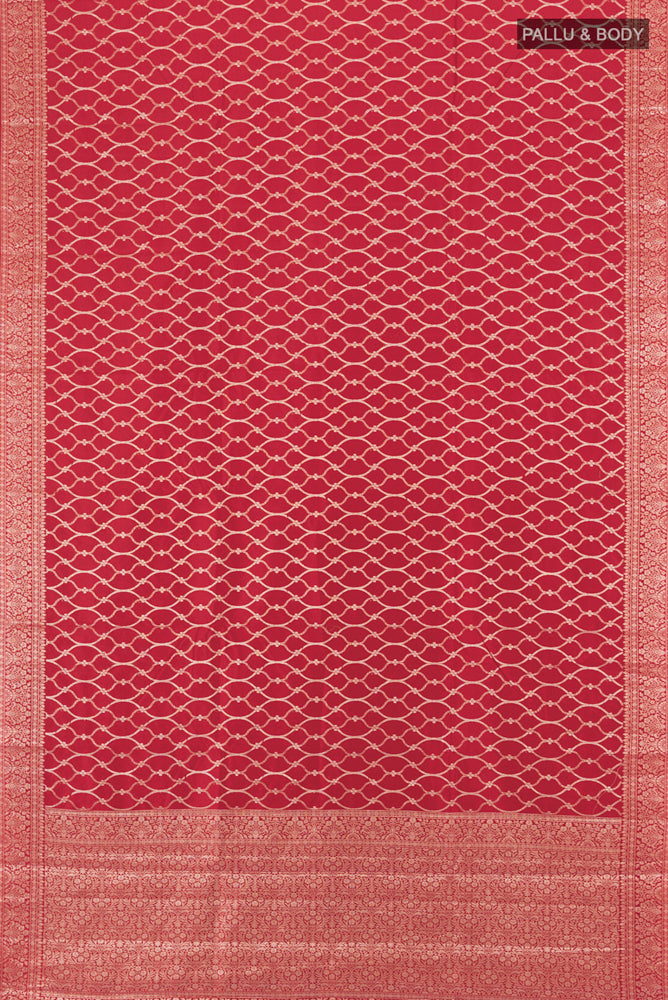 Flat view of Red Banarasi Katan Silk Saree with Zari Butta on the body and Silk Border. 