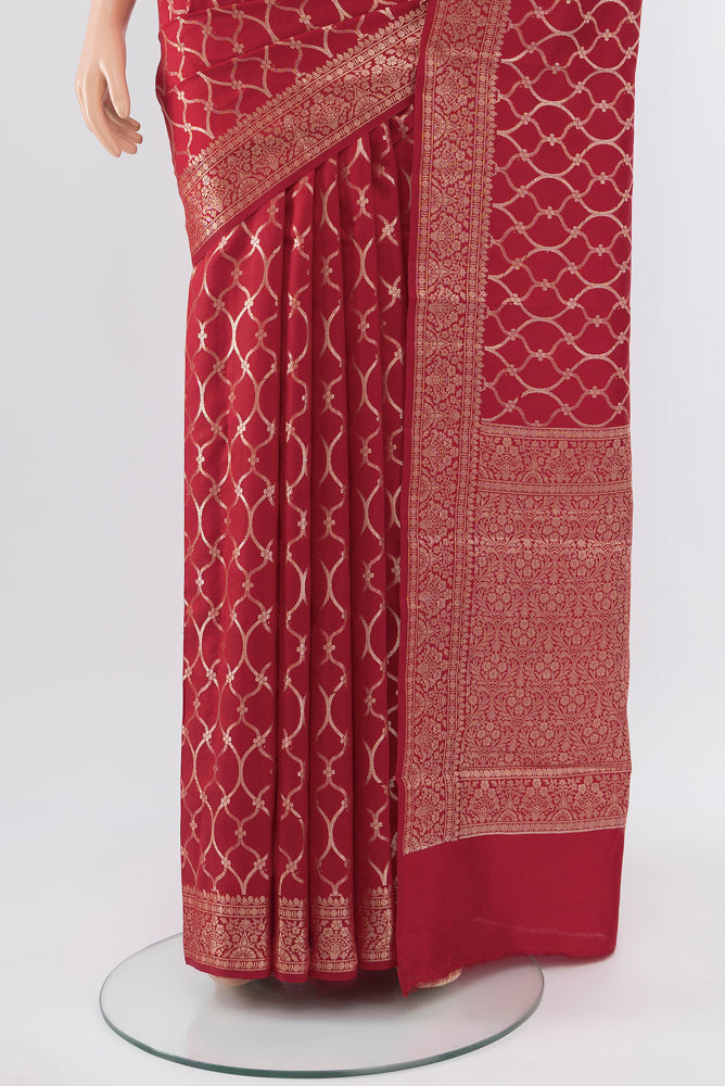 Pleats and pallu of Red Banarasi Katan Silk Saree with Zari Butta on the body and Silk Border. 