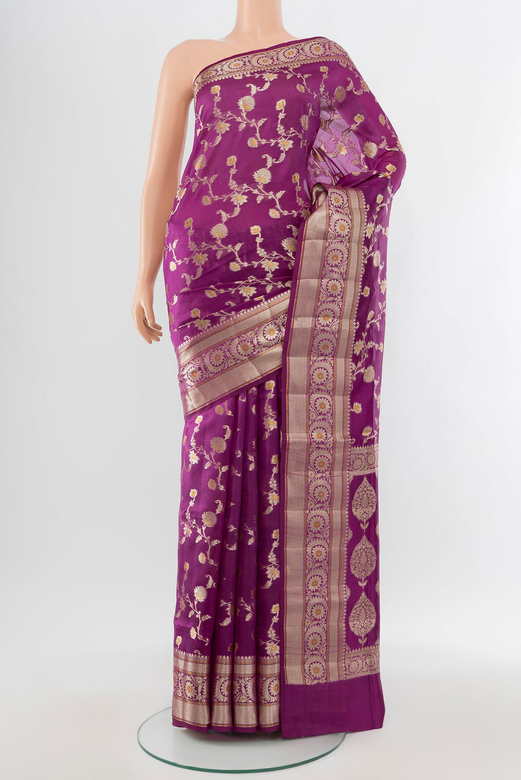 Purple Banarasi Raw Silk Saree with Zari Butta on the body and Silk Border.  displayed on a mannequin