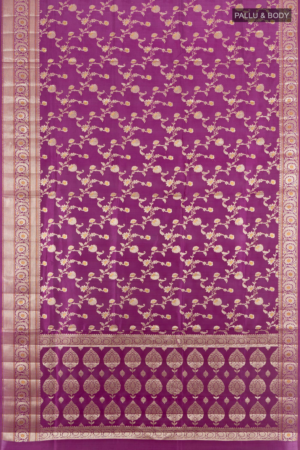 Flat view of Purple Banarasi Raw Silk Saree with Zari Butta on the body and Silk Border. 