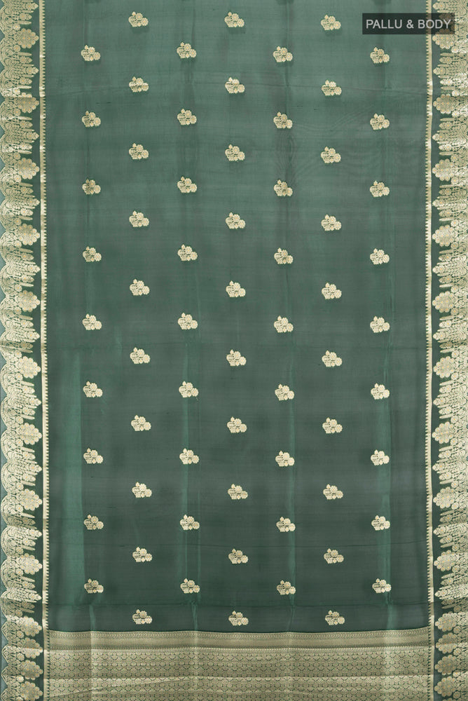 Flat view of Pure Silk Pure Zari Mint Green Banarasi Saree with Zari Butta on the body and Silk Border. 