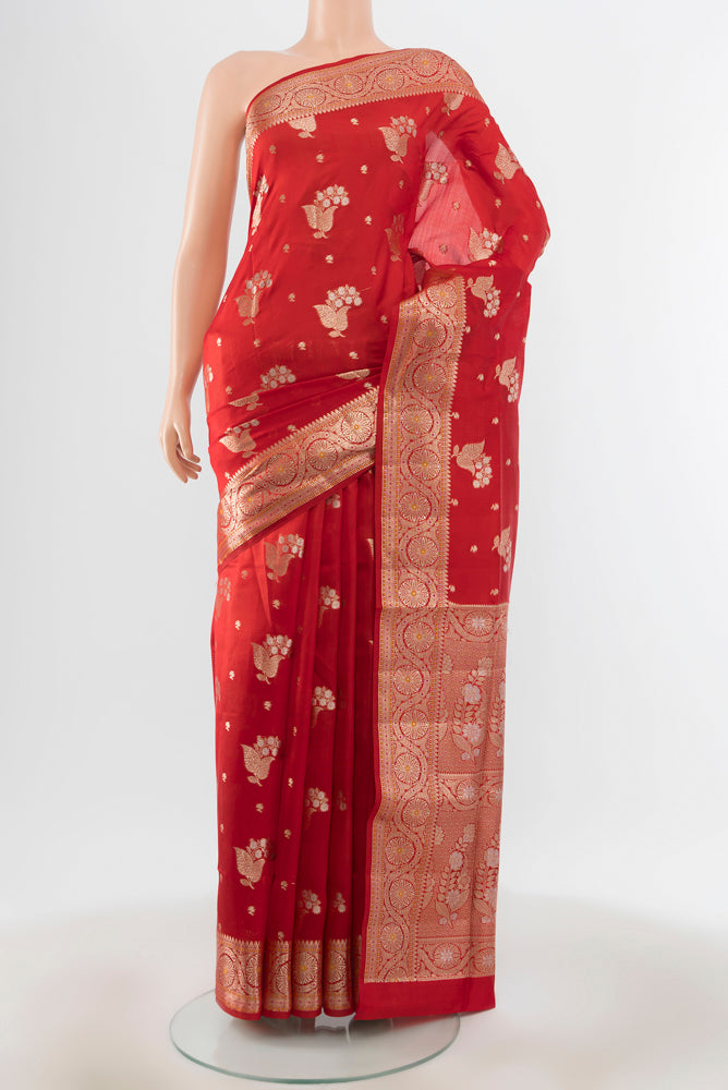 Red Banarasi Raw Silk Saree with Zari Brocade on the body and Silk Border.  displayed on a mannequin