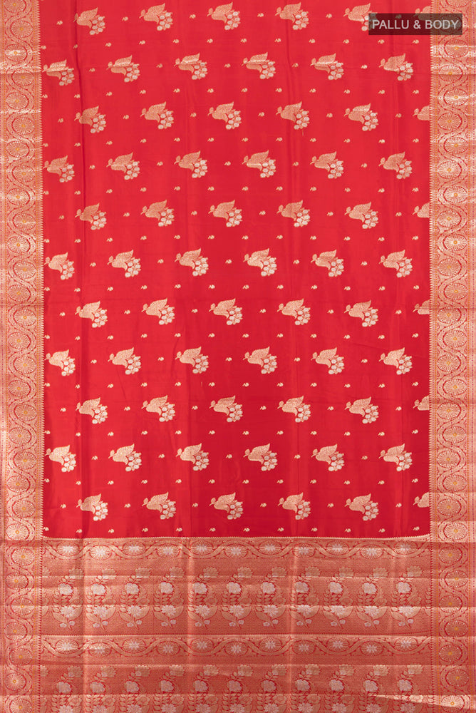 Flat view of Red Banarasi Raw Silk Saree with Zari Brocade on the body and Silk Border. 