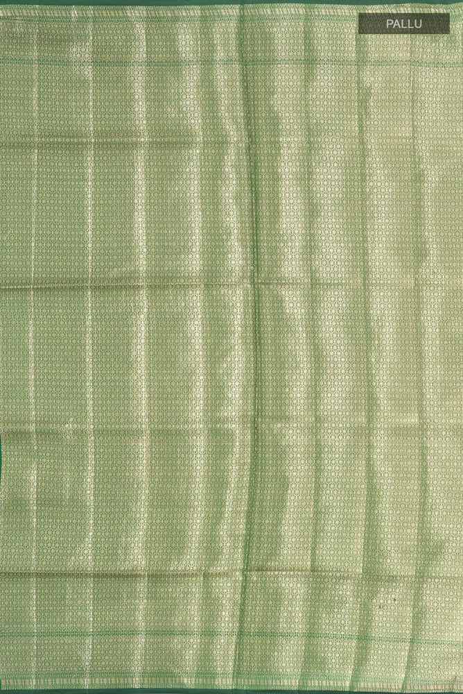 Close up image of the pallu of Pure Silk Pure Zari Bottle Green Banarasi Raw Saree with Zari Butta on the body and Silk Border. 