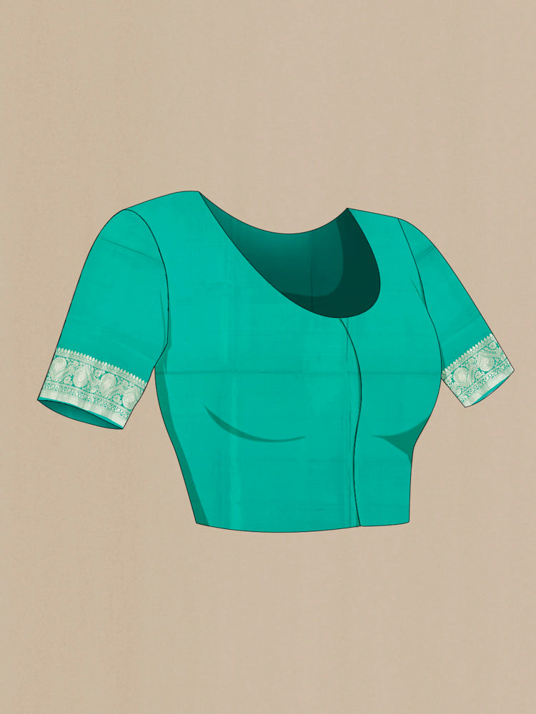 Close up image of the blouse of Light Blue Banarasi Raw Silk Saree with Zari Butta on the body and Silk Border. 
