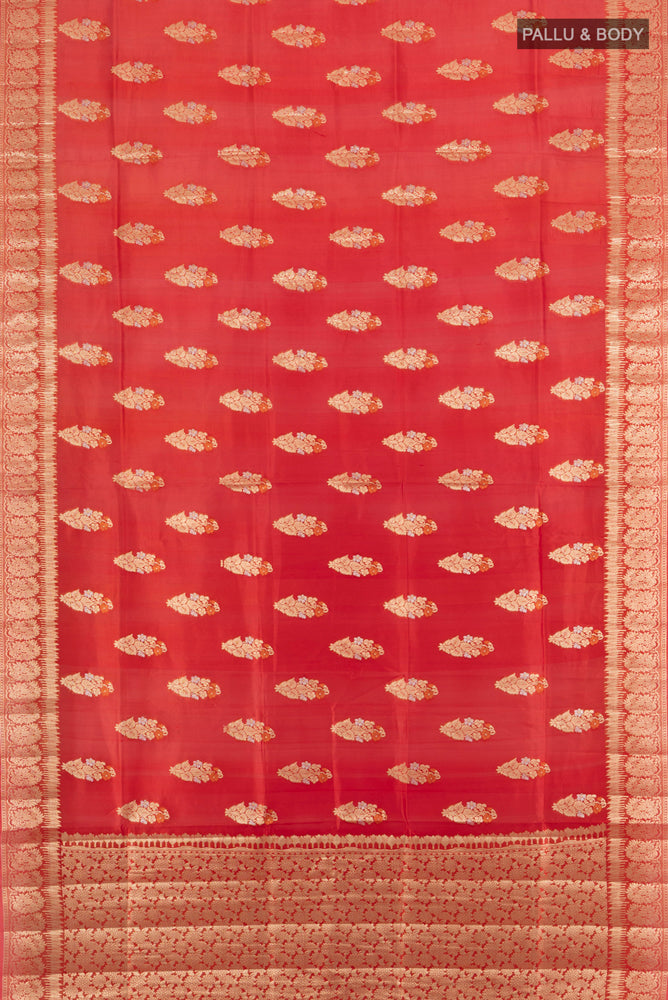 Flat view of Pure Silk Pure Zari Bronze Banarasi Raw Saree with Zari Butta on the body and Silk Border. 