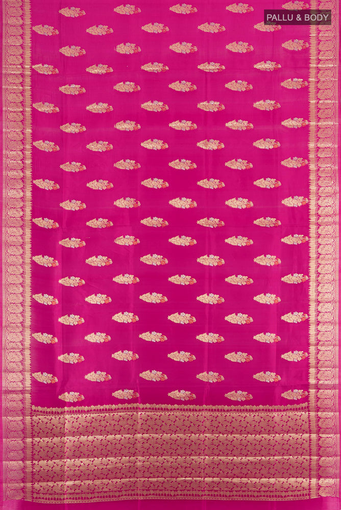 Flat view of Purple Banarasi Raw Silk Saree with Zari Butta on the body and Silk Border. 