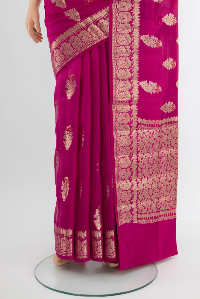 Pleats and pallu of Purple Banarasi Raw Silk Saree with Zari Butta on the body and Silk Border. 