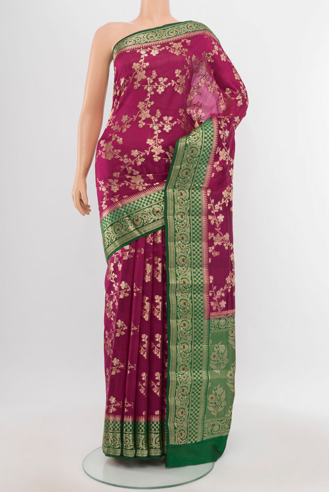 Purple Banarasi Raw Silk Saree with Zari Butta on the body and Silk Border.  displayed on a mannequin
