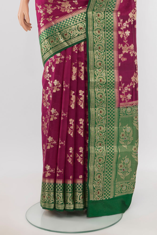 Pleats and pallu of Purple Banarasi Raw Silk Saree with Zari Butta on the body and Silk Border. 