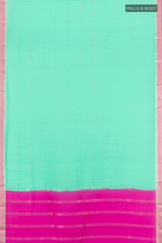 Flat view of Teal Mysore Crepe Saree with Plain Body and Silk Border. 