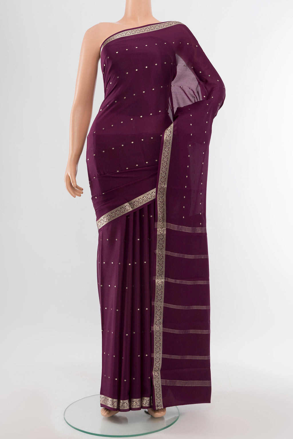 Coffee Brown Mysore Crepe Saree with Plain Body and Silk Border.  displayed on a mannequin