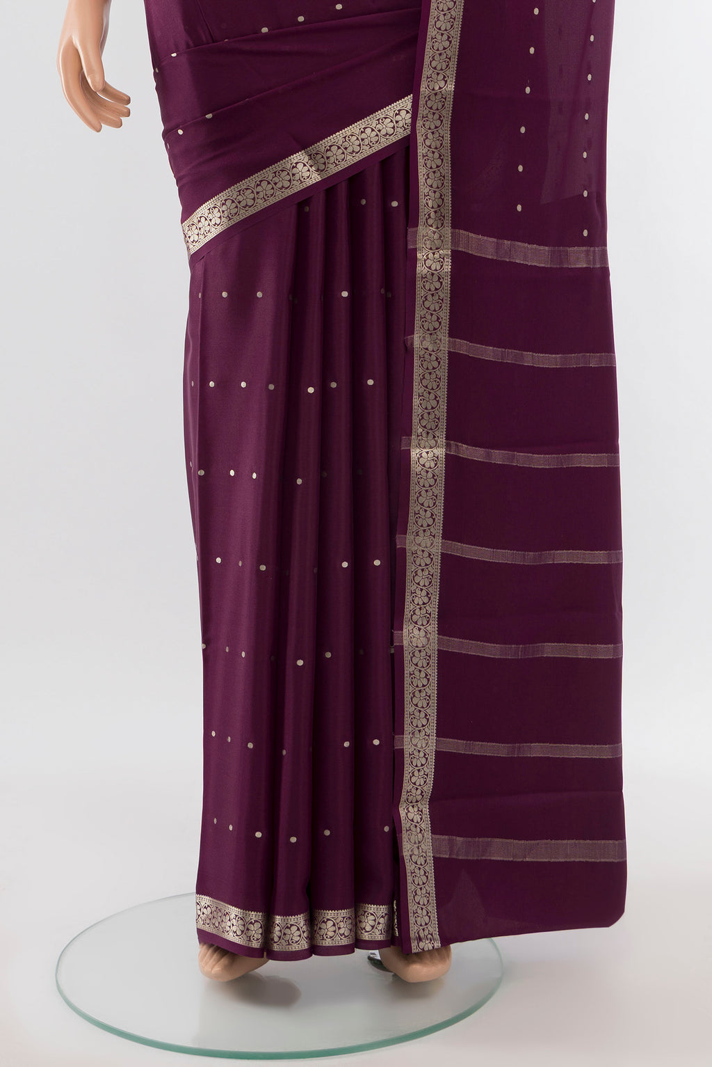 Pleats and pallu of Coffee Brown Mysore Crepe Saree with Plain Body and Silk Border. 