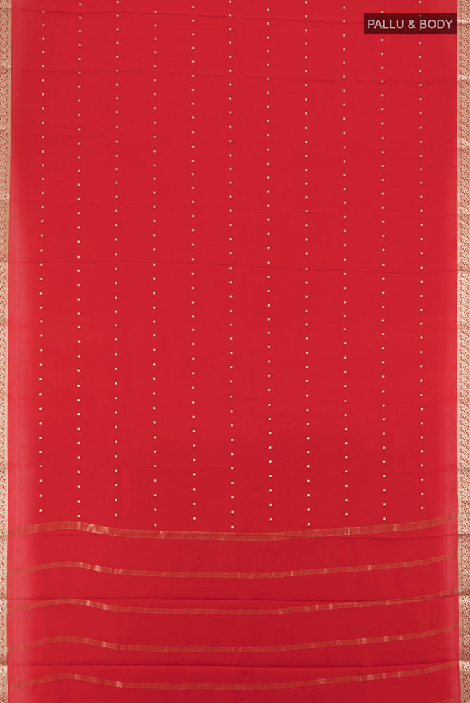Flat view of Red Mysore Crepe Saree with Plain Body and Silk Border. 