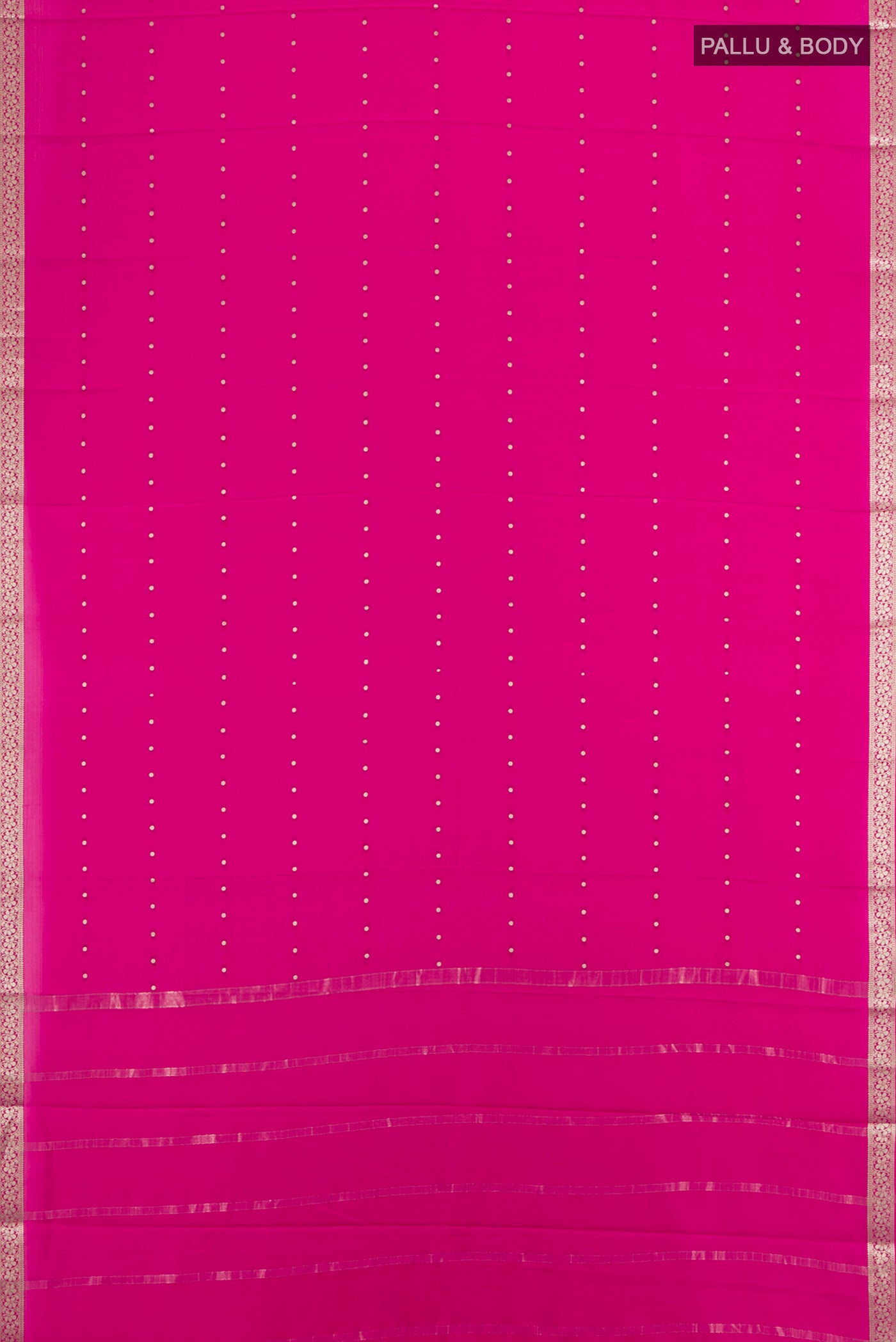 Flat view of Magenta Mysore Crepe Saree with Plain Body and Silk Border. 