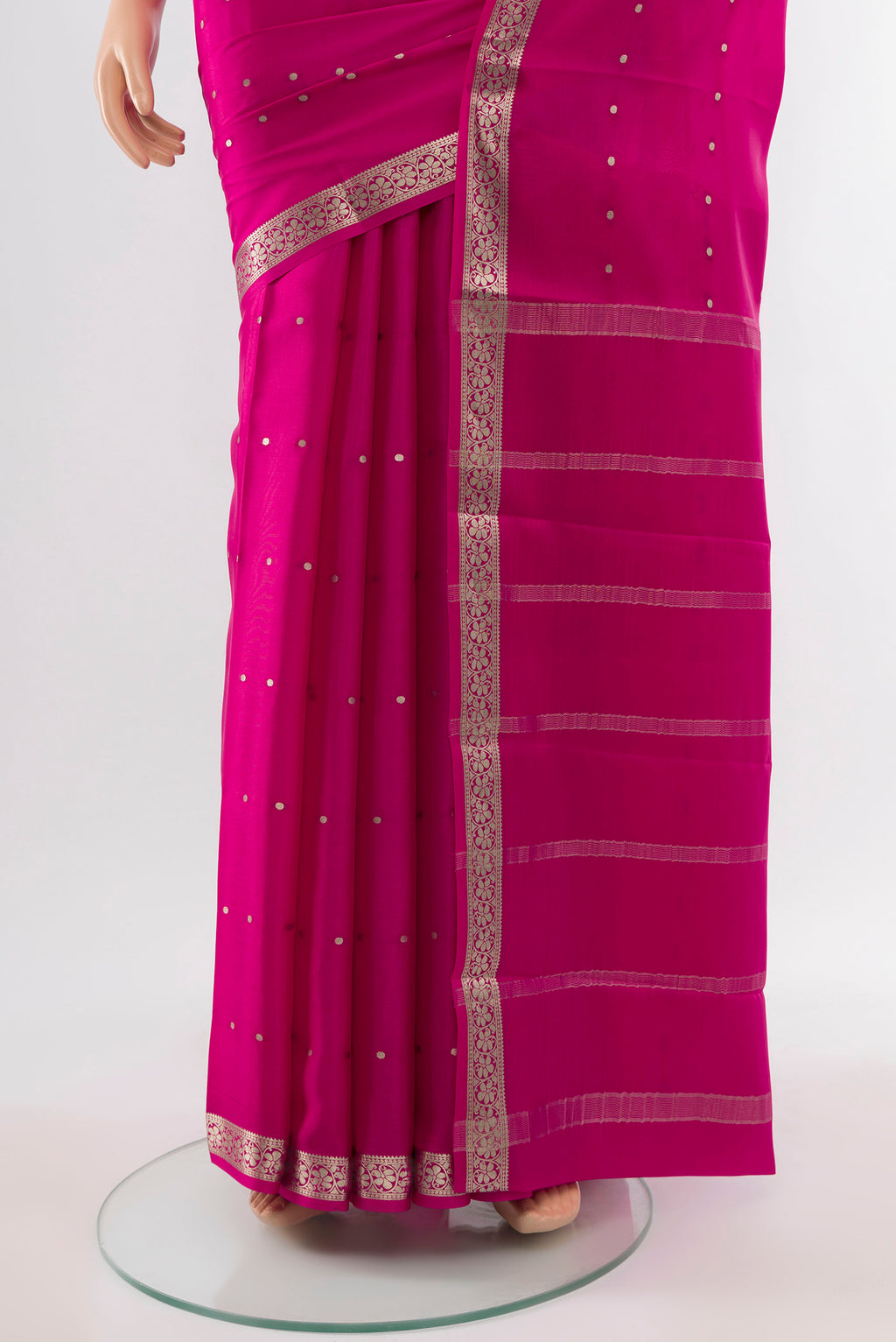 Pleats and pallu of Magenta Mysore Crepe Saree with Plain Body and Silk Border. 