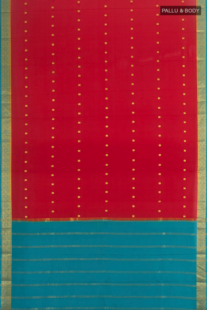 Flat view of Pure Silk Pure Zari Maroon Mysore Crepe Saree with Zari Butta on the body and Silk Border. 